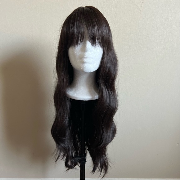 24” Daily Use Black Long Wavy Heat Resistant Synthetic Fiber Full Wig With Bangs - Picture 2 of 11